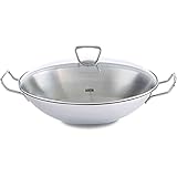 Fissler Kunming/Edelstahl-Wok (Ø 36 cm) große Wok-Pfanne unbeschichtet,Asiapfanne mit Glas-Deckel, inkl. Gittereinsatz, alle Herdarten - auch Induktion