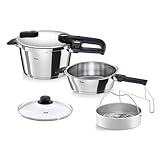 Fissler Vitaquick Edition/Schnellkochtopf-Set 6-teilg (2 Schnellkochtöpfe Ø 22 cm 4,5 L & 2,5 L) inkl. Metalldeckel, Glasdeckel, Einsatz, Induktion – Made IN GERMAMY