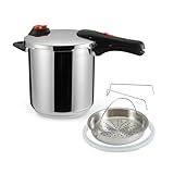 Amazon Basics – Schnellkochtopf aus Edelstahl, mit Dampfgarer und zusätzlichem Silikonring, 9 l, Stainless Steel