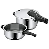 WMF Perfect Schnellkochtopf Set Induktion 2-teilig, Dampfkochtopf 4,5l + 3l, Cromargan Edelstahl poliert, 2 Kochstufen, Einhand-Kochstufenregler, 22 cm