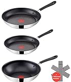 Tefal E85711 Jamie Oliver Pfannenset 5-tlg, Pfanne 24 und 28 cm, Wokpfanne Wok 28 cm, auch für Induktion Pfannen mit Antihaftbeschichtung, Edelstahl Bratpfannen ,inkl Pfannenwender + Pfannenschoner