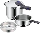 WMF Perfect Plus Schnellkochtopf Set Induktion 3-teilig, Dampfkochtopf 6,5l + 3l mit Einsatz-Set, Cromargan Edelstahl poliert, 2 Kochstufen