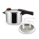 Amazon Basics Schnellkochtopf aus Edelstahl - mit Dampfgarer, induktionsgeeignet - 6 Liter, Silber