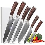 Wakoli EDIB 6er Damastmesser-Set mit 8,5-20 cm Klingen gefertigt aus 67 Lagen echtem Damaststahl mit Pakkaholzgriff I Premium Damast Küchenmesserset & Profi Kochmesser