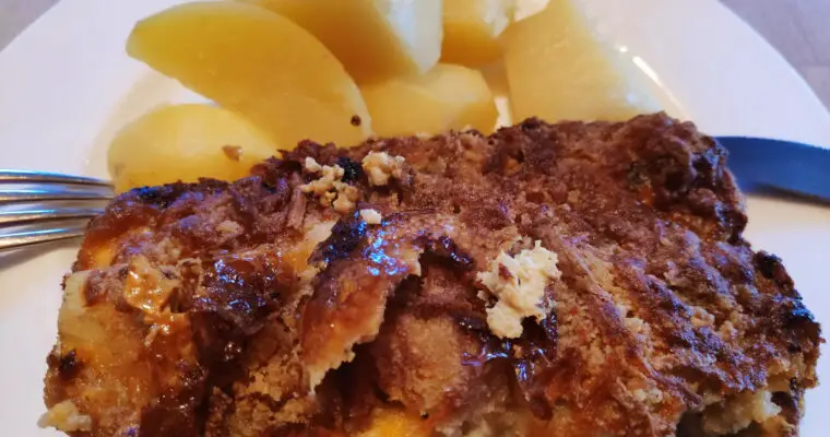 Schnitzel - im Ofen überbacken. Mit Champignons, Spargel, Ei und Käse